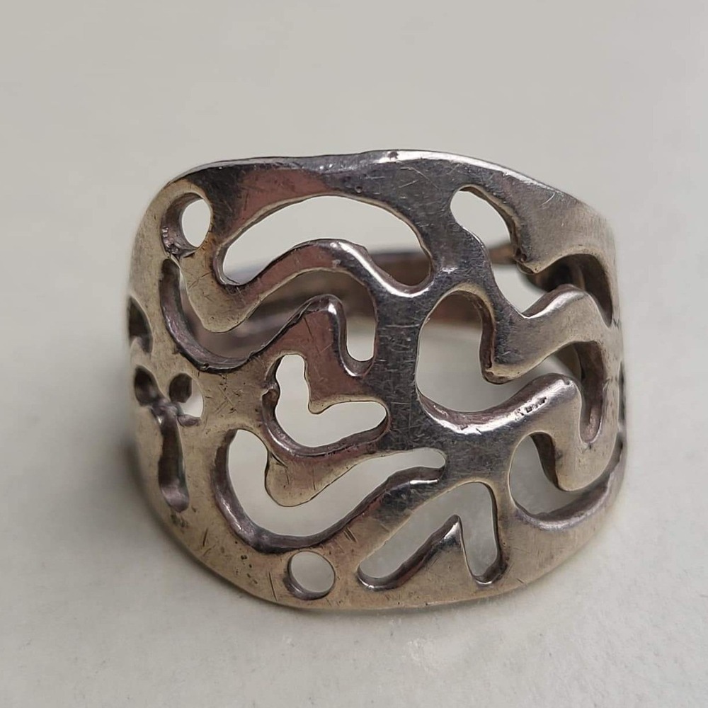 Vintage Abstract Openwork Ring Size 7.5 925 Silver Organic Cutout Statement